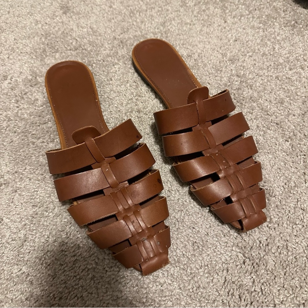 J. Crew leather sandals, visibly worn